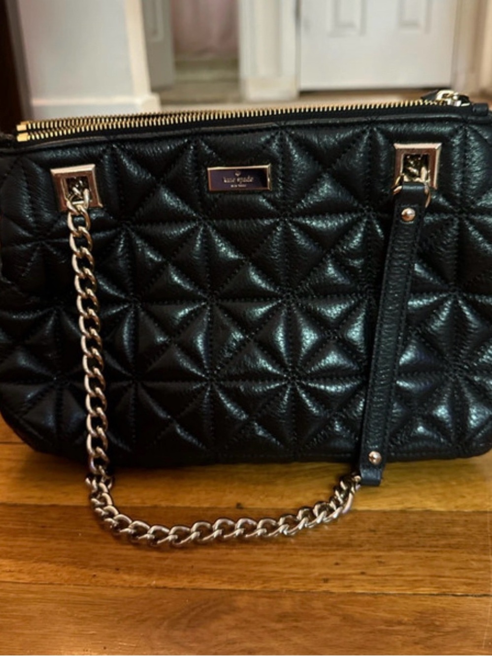 kate spade Black Quilted Leather Shoulder Bag with Gold Chain